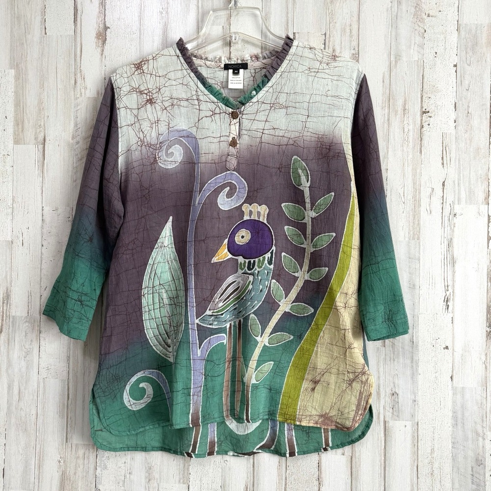 Novica‎ Batik Cotton Blouse Top M Bird Floral Dip Dye Purple Cream Popover